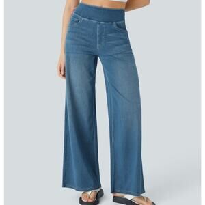 Sz Lg HALARA Blue Flex High Waist Pocket Baggy Wide Leg Washed Wide Leg Denim